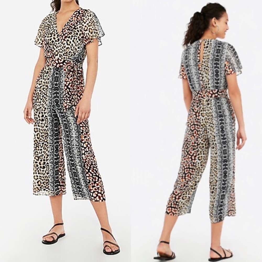Express Animal Surplice Fluter Sleeve Tie Jumpsuit